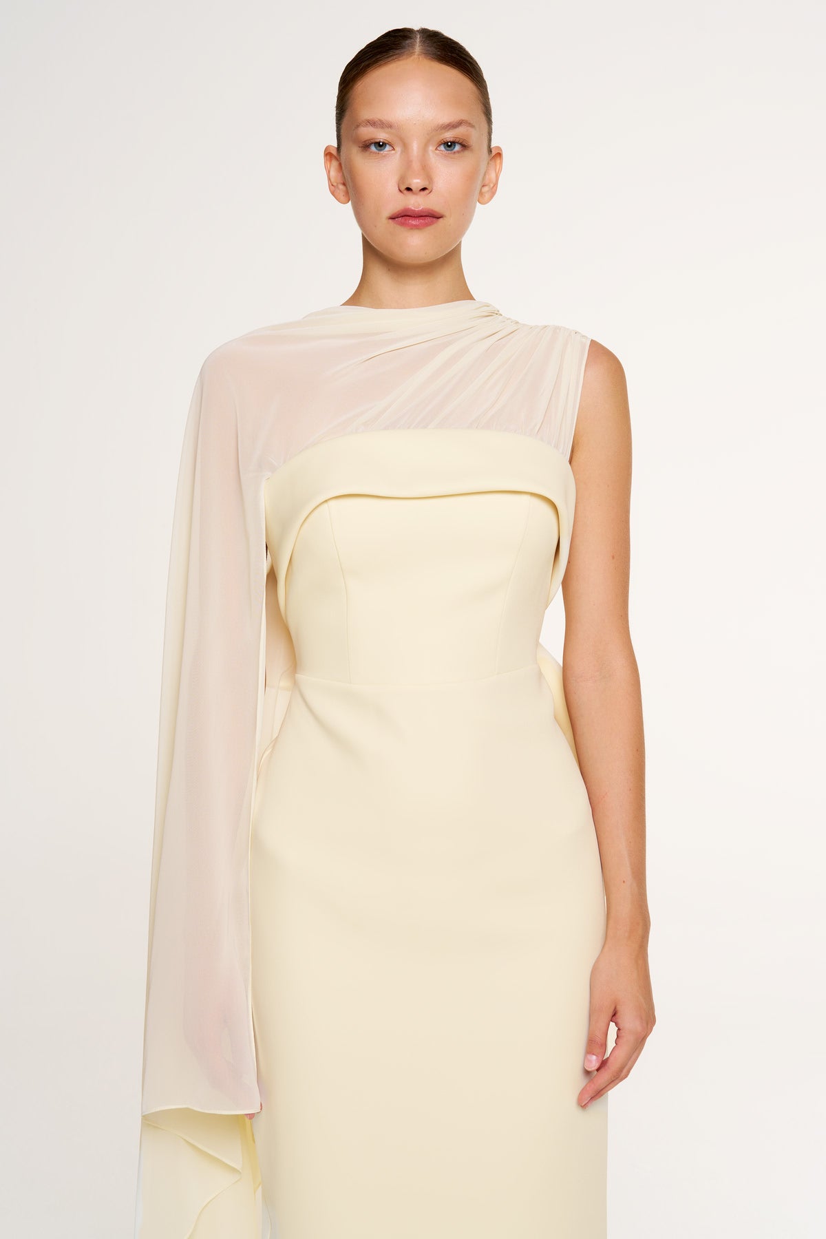Tulle Cape Back Bow Detail Strapless Long Evening Dress