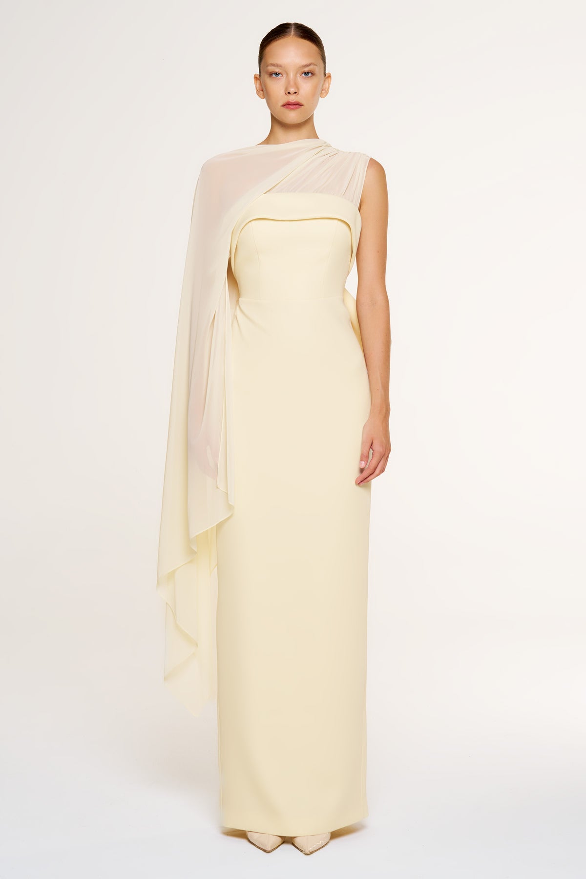Tulle Cape Back Bow Detail Strapless Long Evening Dress