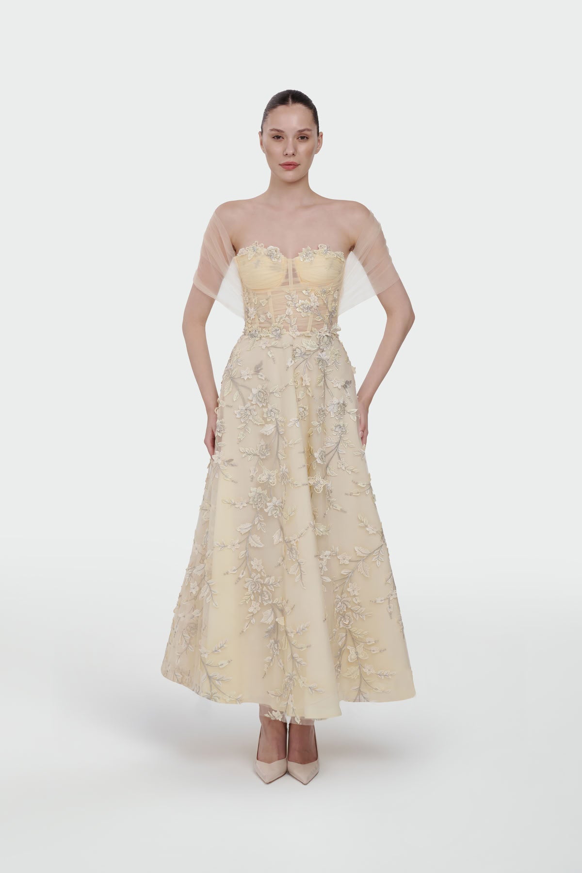 Three-Dimensional Floral Off-Shoulder Evening Dress
