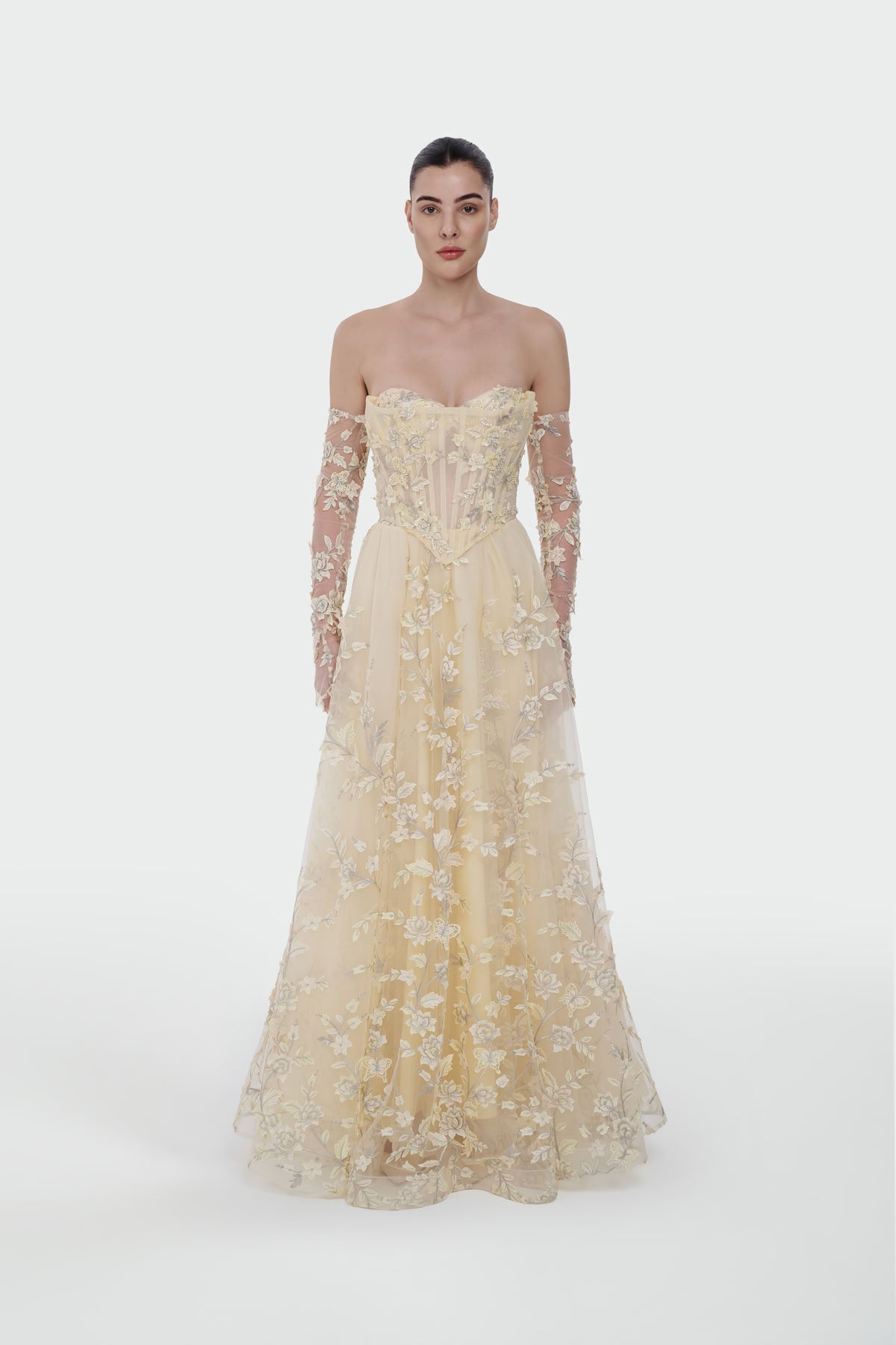 Three-Dimensional Floral Evening Dress with Gloves
