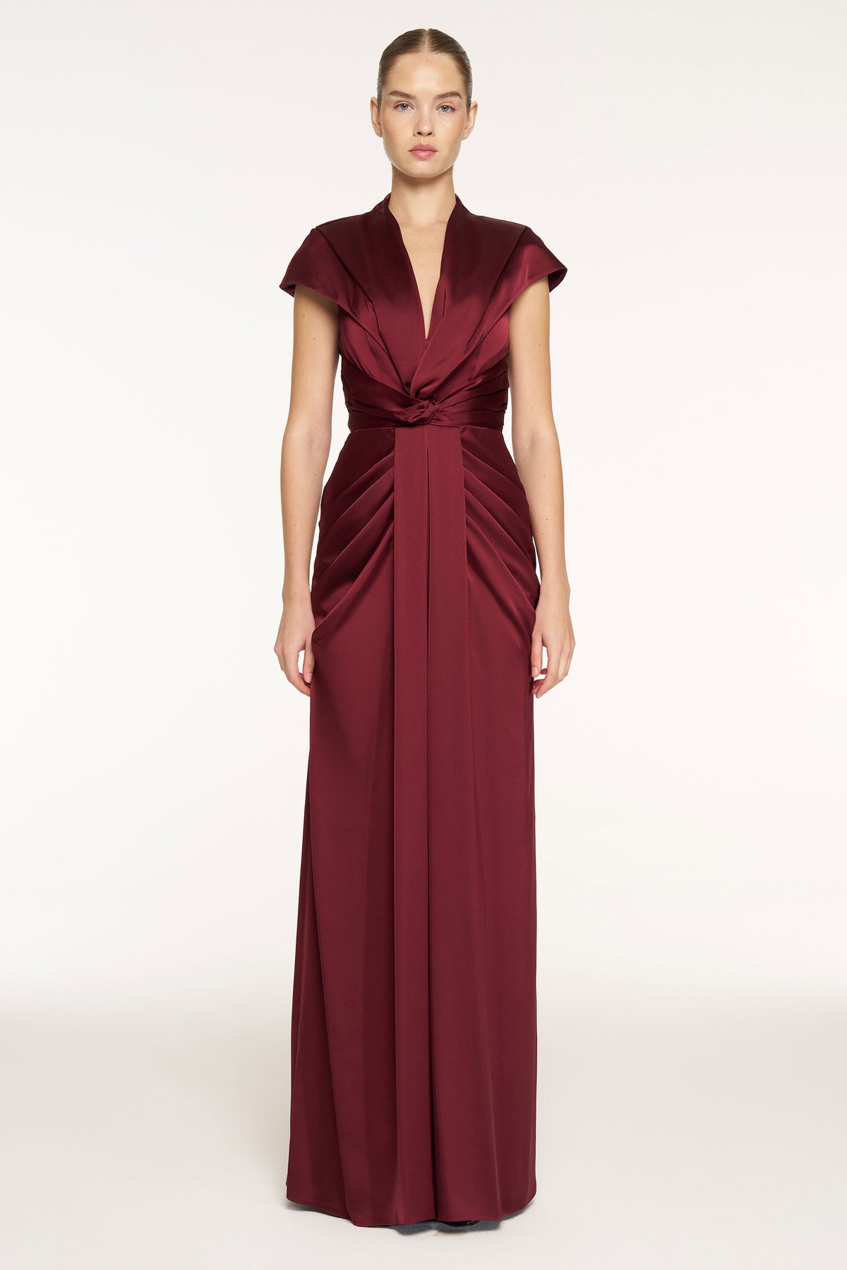 V-Neck Draped Waist Detail Short Sleeve Evening Dress