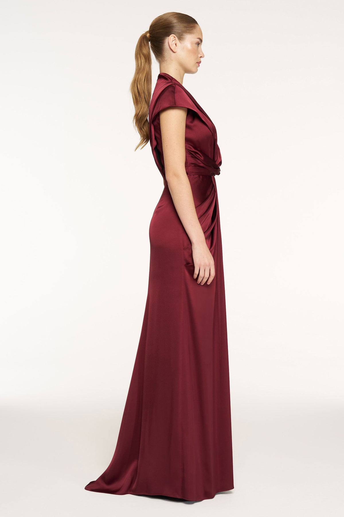 V-Neck Draped Waist Detail Short Sleeve Evening Dress
