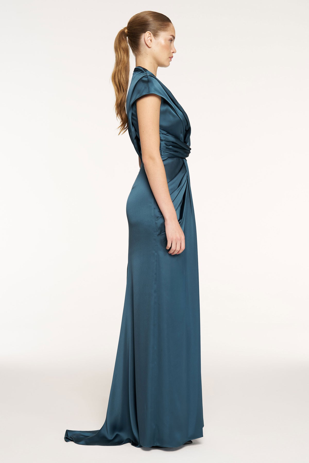 V-Neck Draped Waist Detail Short Sleeve Evening Dress