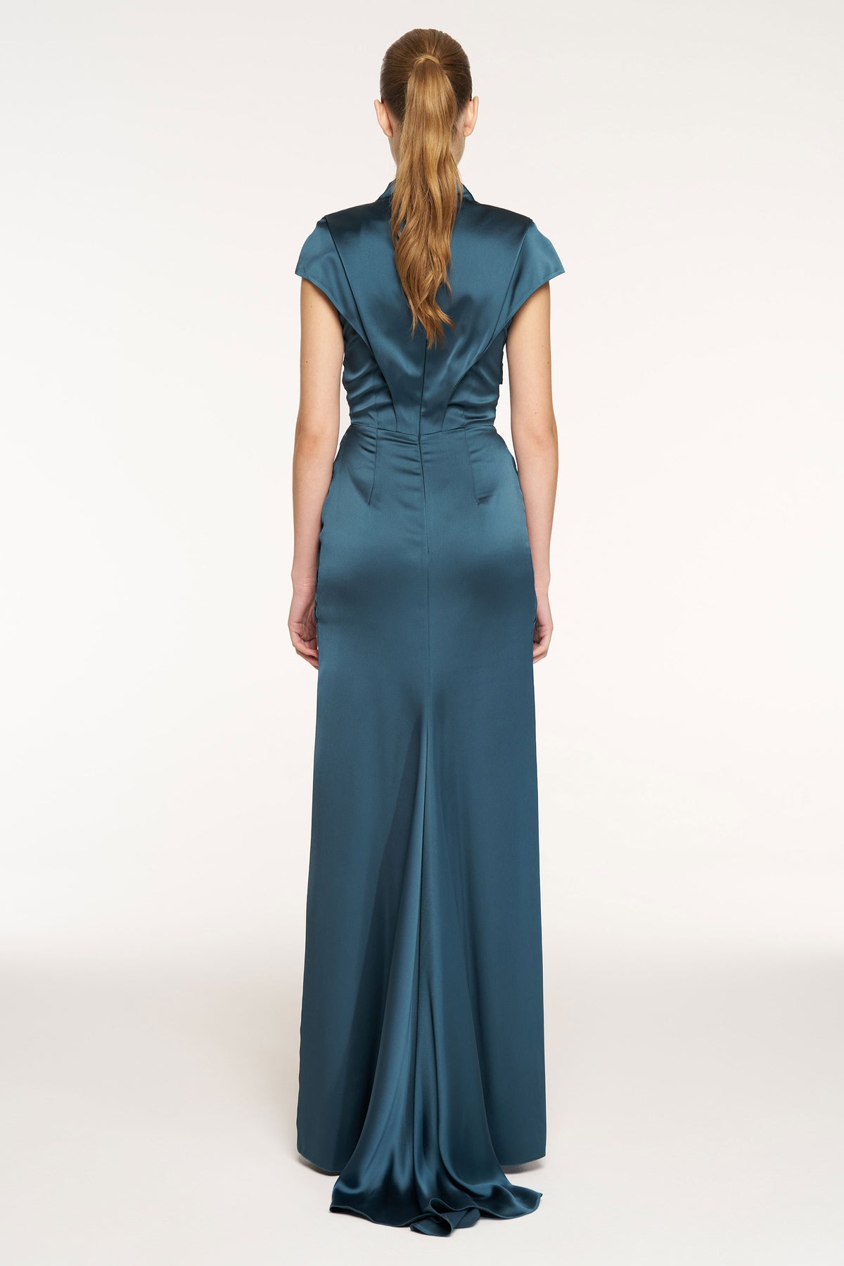 V-Neck Draped Waist Detail Short Sleeve Evening Dress