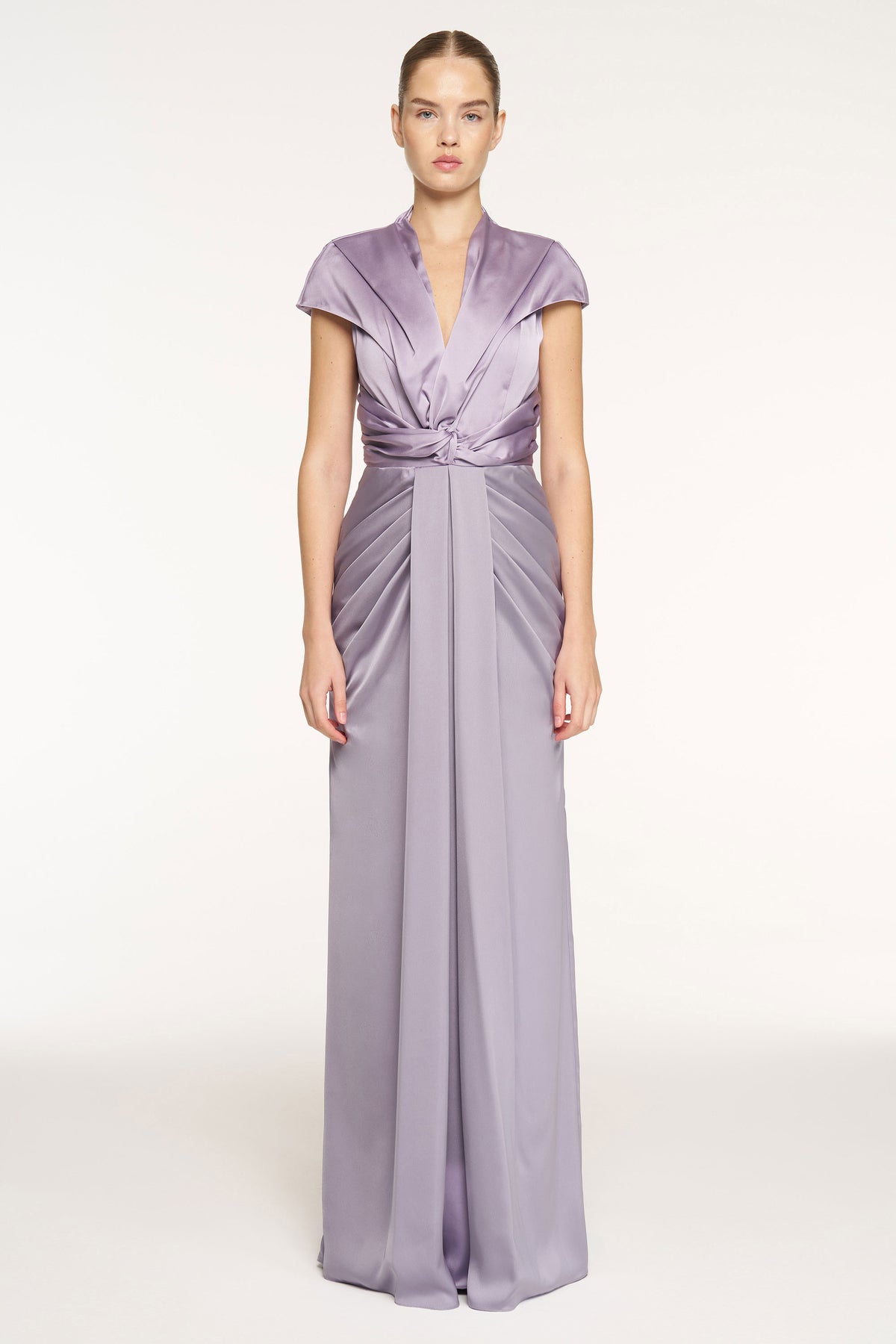 V-Neck Draped Waist Detail Short Sleeve Evening Dress