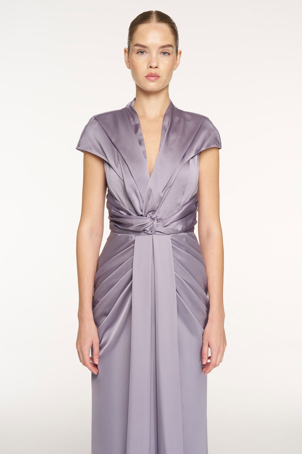 V-Neck Draped Waist Detail Short Sleeve Evening Dress