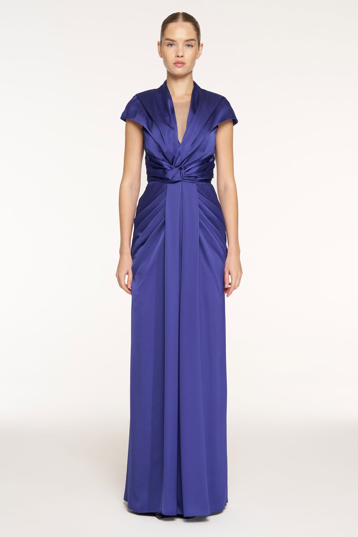 V-Neck Draped Waist Detail Short Sleeve Evening Dress