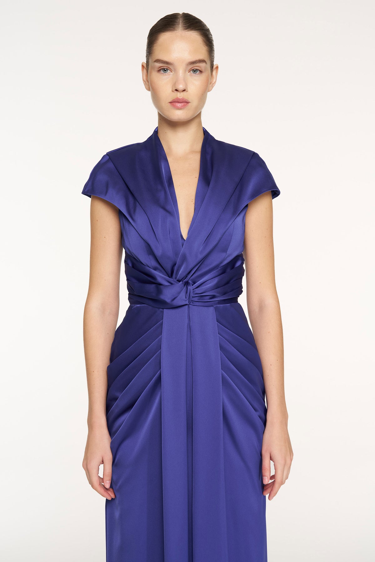 V-Neck Draped Waist Detail Short Sleeve Evening Dress