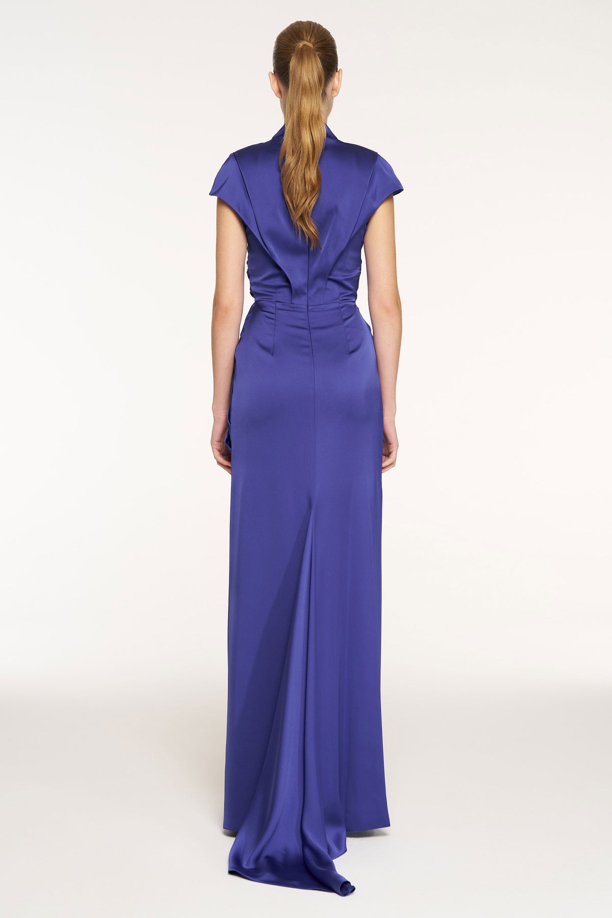 V-Neck Draped Waist Detail Short Sleeve Evening Dress