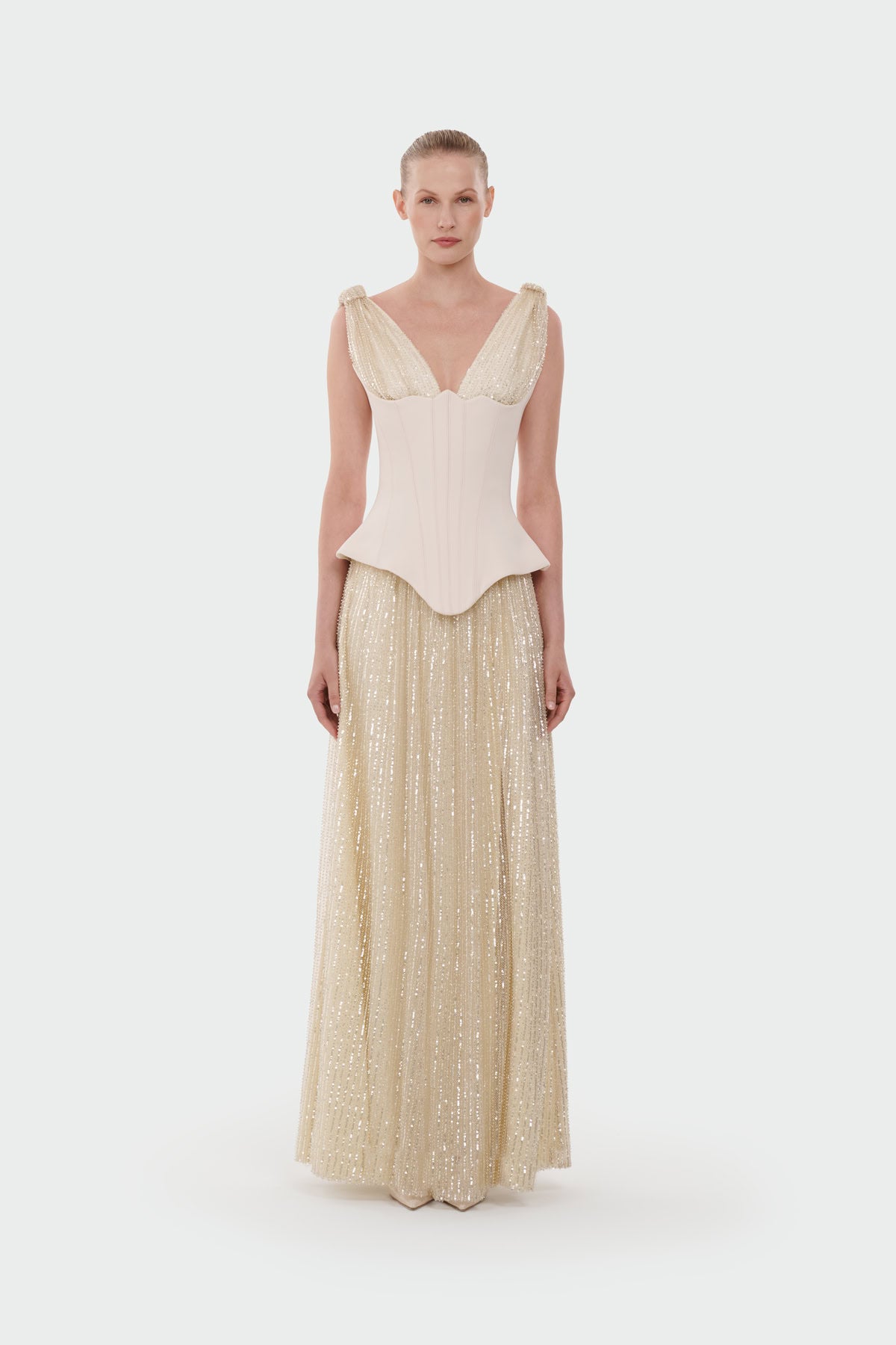 V-Neck Corset Cut Slit Evening Dress