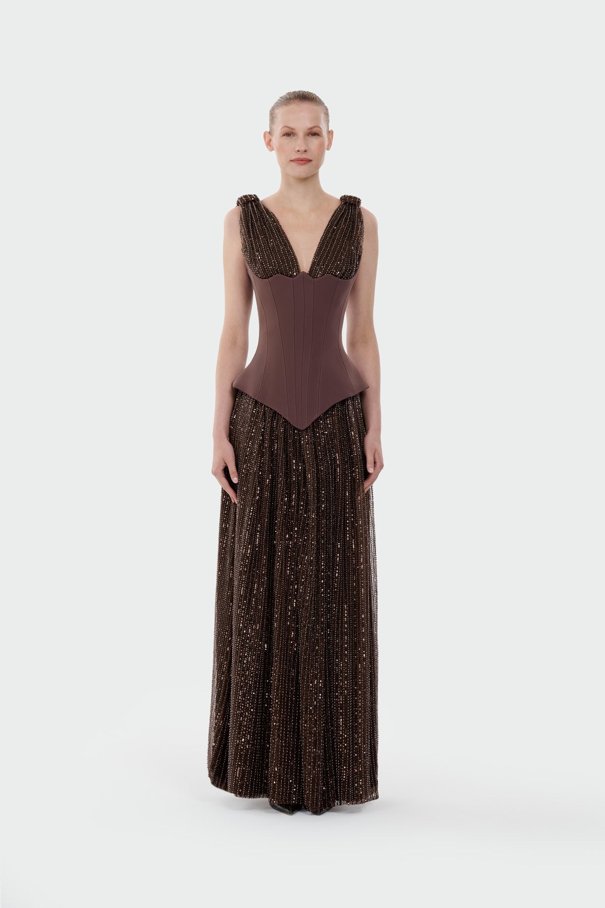 V-Neck Corset Cut Slit Evening Dress