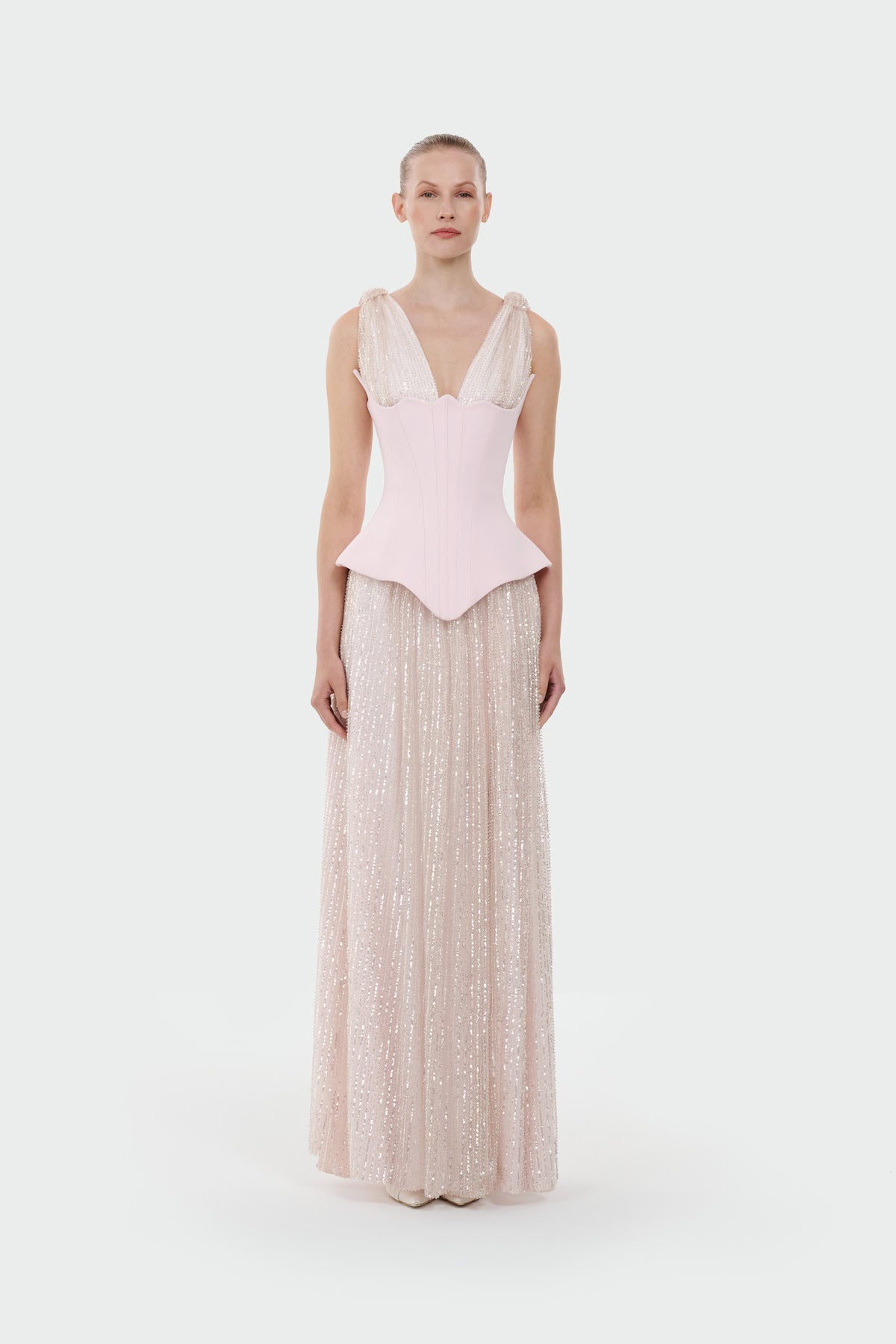 V-Neck Corset Cut Slit Evening Dress