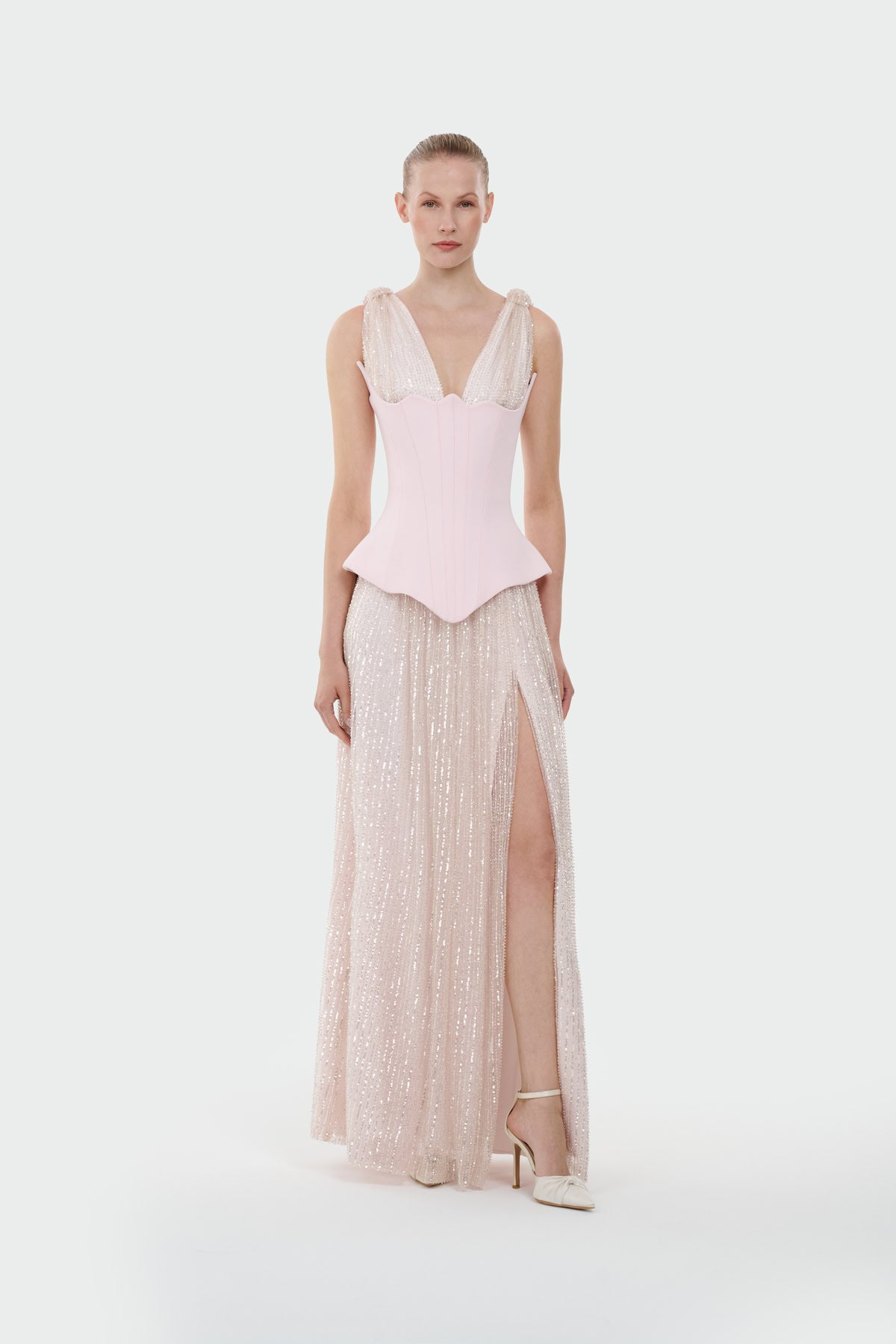 V-Neck Corset Cut Slit Evening Dress