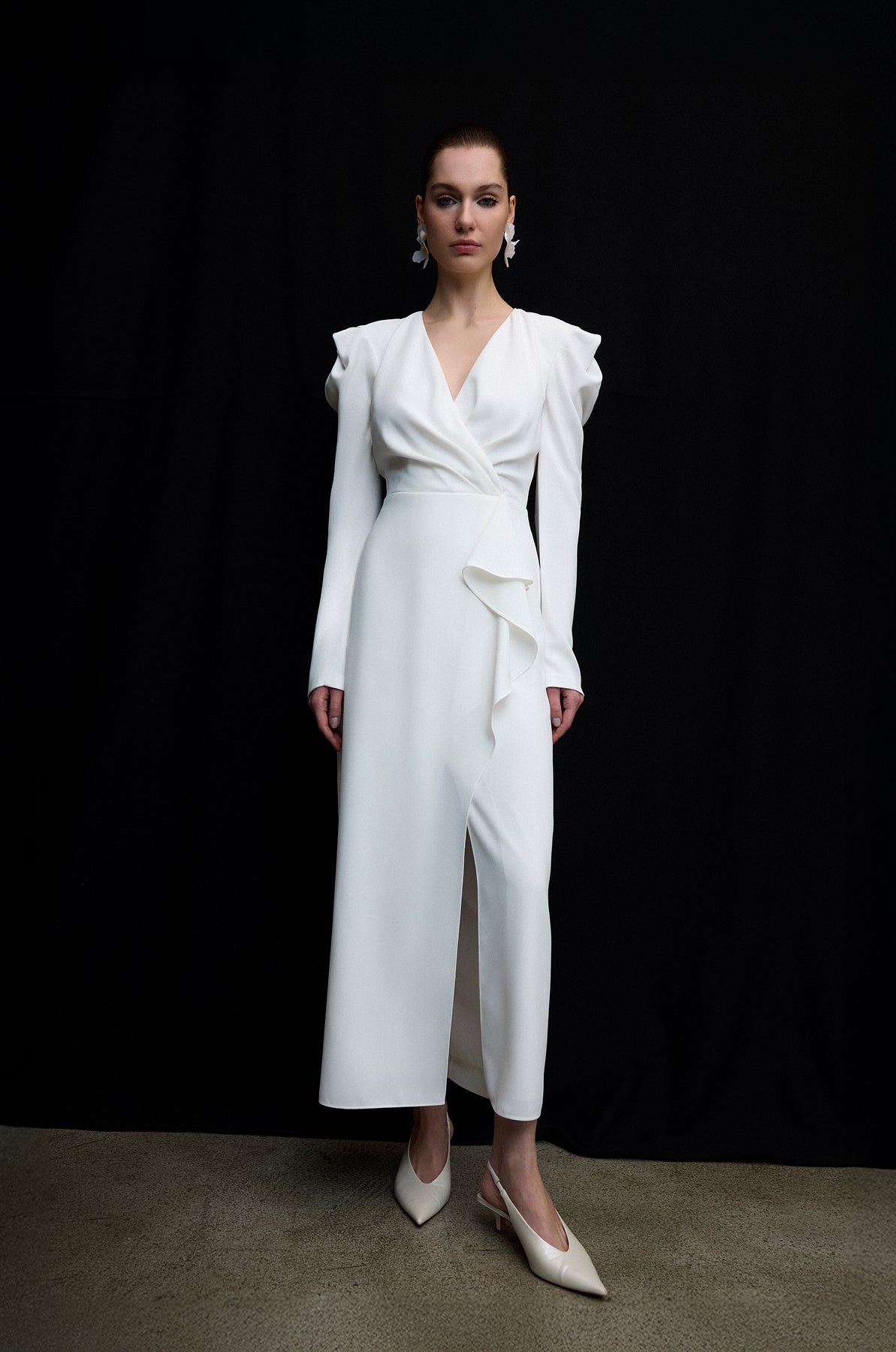 V Yaka Uzun Kollu Drapeli Midi Abiye Elbise