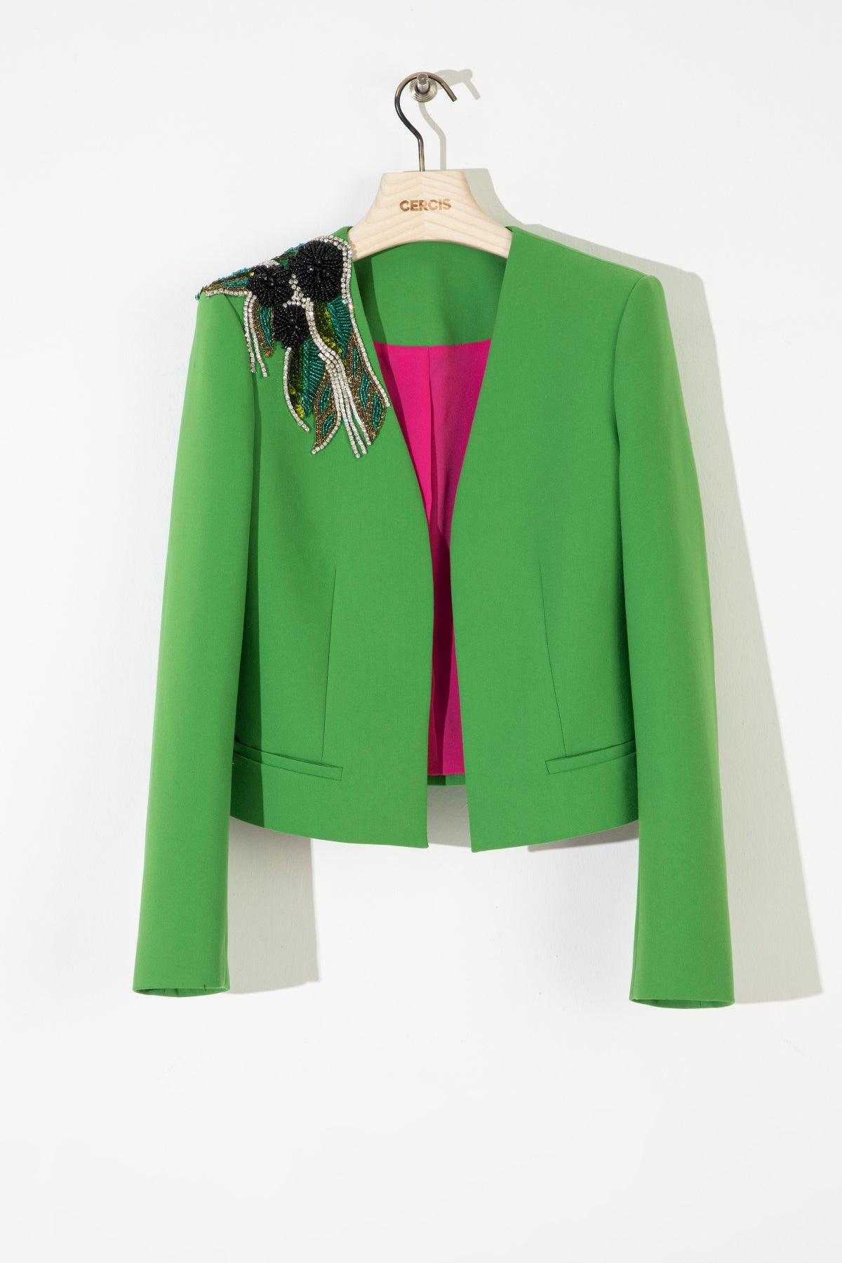 Yeşil Kasnak İşleme Kısa Kadın Ceket - Cercis