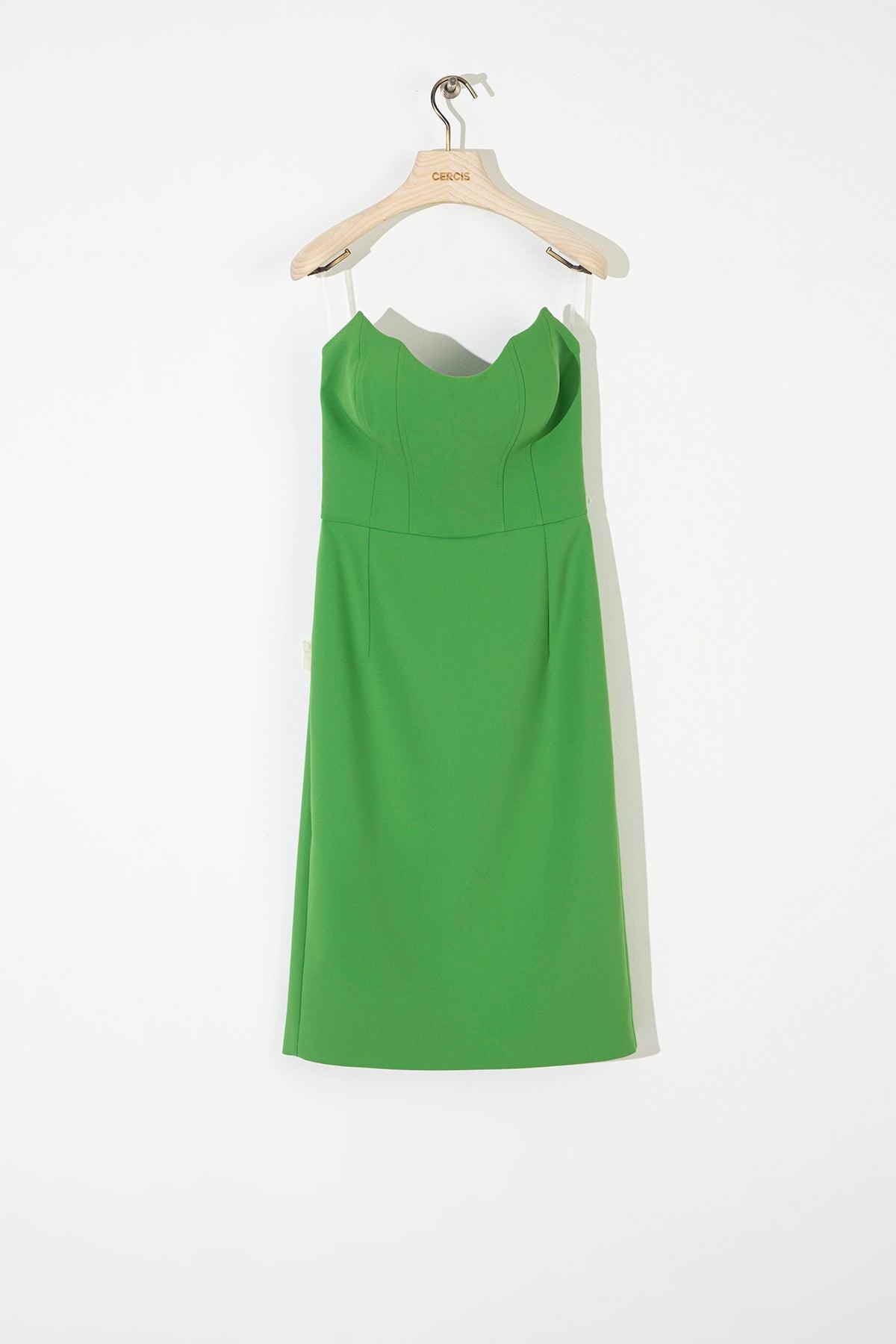 Yeşil Straplez Yırtmaçlı Midi Boy Elbise - Cercis
